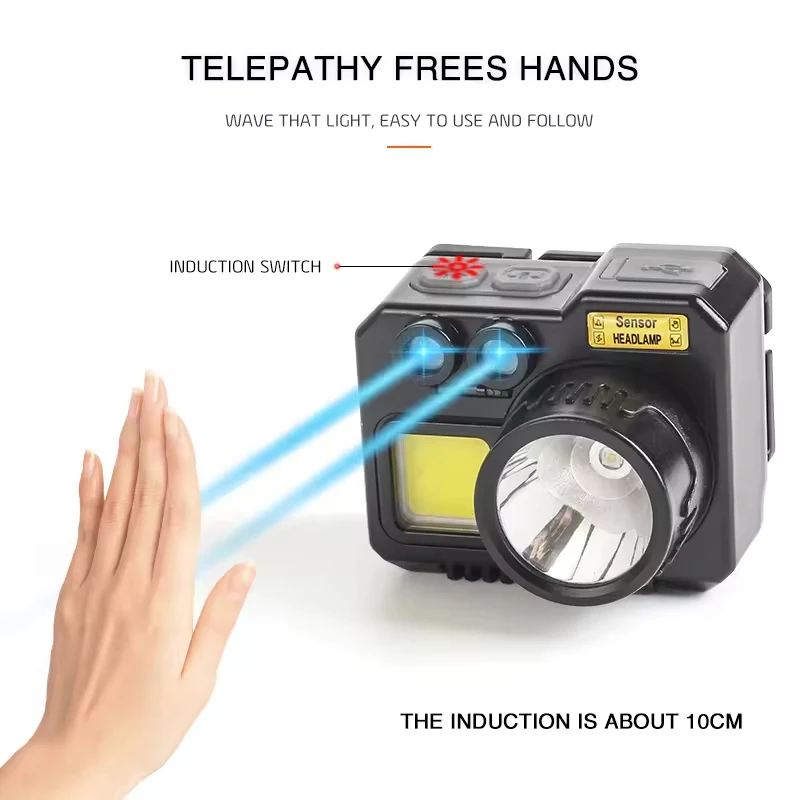 New Mini Wave Induction 45 Degree Adjustment Couple Power Display Usb Rechargeable Cob Night Running Abs Flashlight Led Headlamp