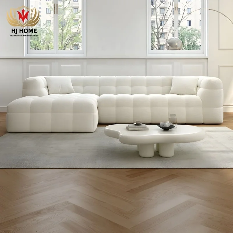 HJ HOME Scandinavian Living Room Sectional Sofas Modern White L-Shape Modular Sleeper Sectional Sherpa Cloud Couch