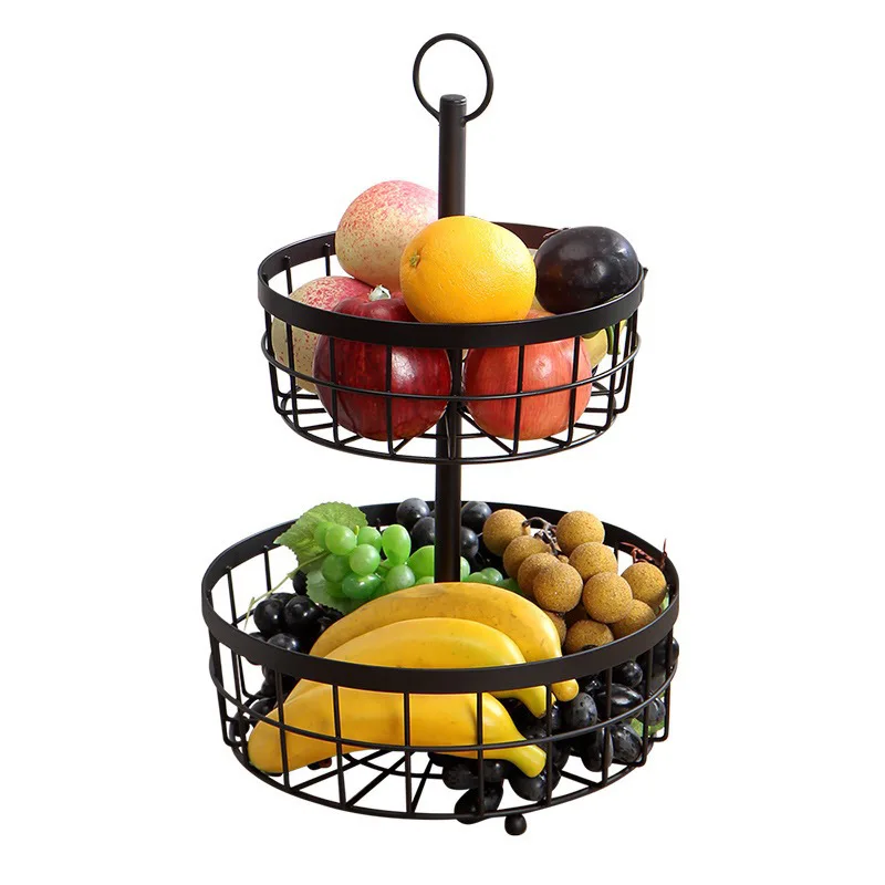 2024 New Product 2-tier Multifunction Detachable Metal Organizer Black Kitchen Basket Wire Fruit Basket