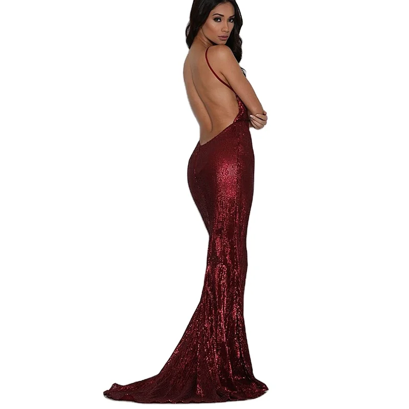 Burgundy V Neck Padded Full Lining Open Back Party Dress Stretch Hollow Out Backless Sequins Wedding Evening Prom Dress