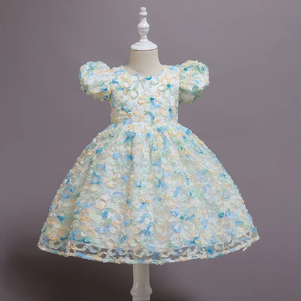 In Stock Korean Style 3D Flower Girl Bridesmaid Dress Pink Girls Party Birthday Dresses for 6Y  Soft Kids Night Dress