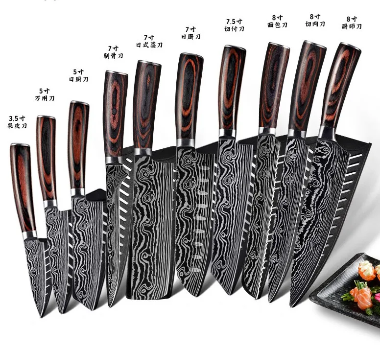 
Kitchen Knives Japanese stainless steel Slicing Santoku Tool Laser Pattern 10pcs damascus knife set 