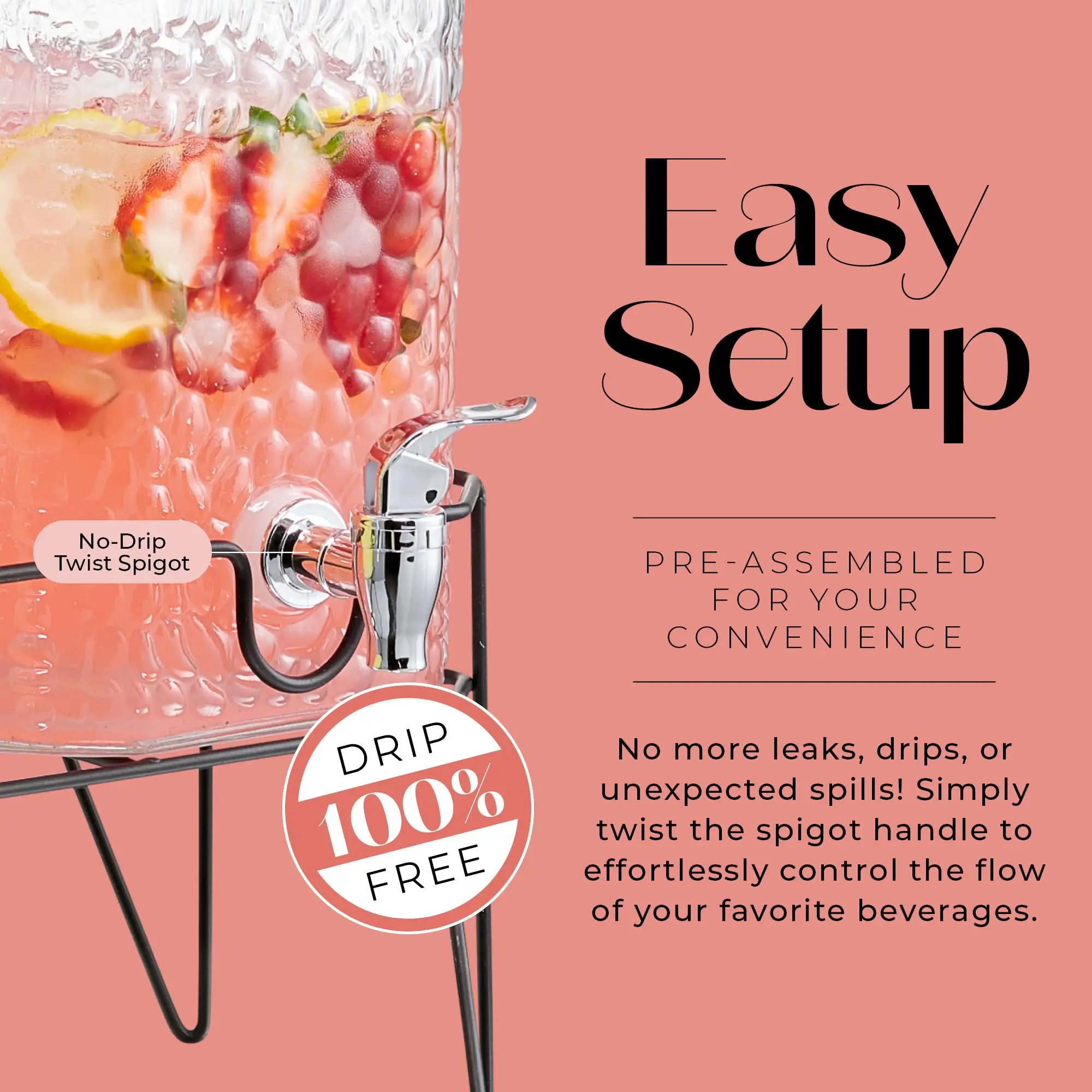 Portable 1.5 Gallon Large Countertop Clear Glass Party Drink Dispenser Set with Rack Tap for Sweet Juice Tea Lemonade Water