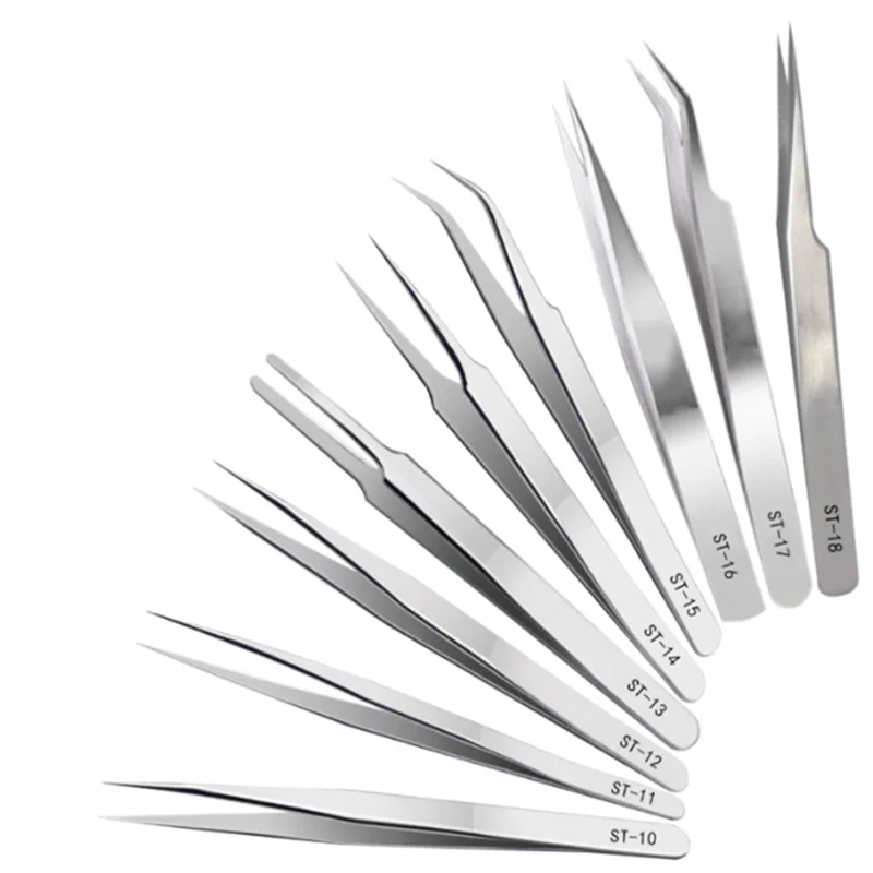 Professional Stainless Steel Anti-Static Silver/Black Straight Curved DIY Nail Tools Nail Art Tweezers