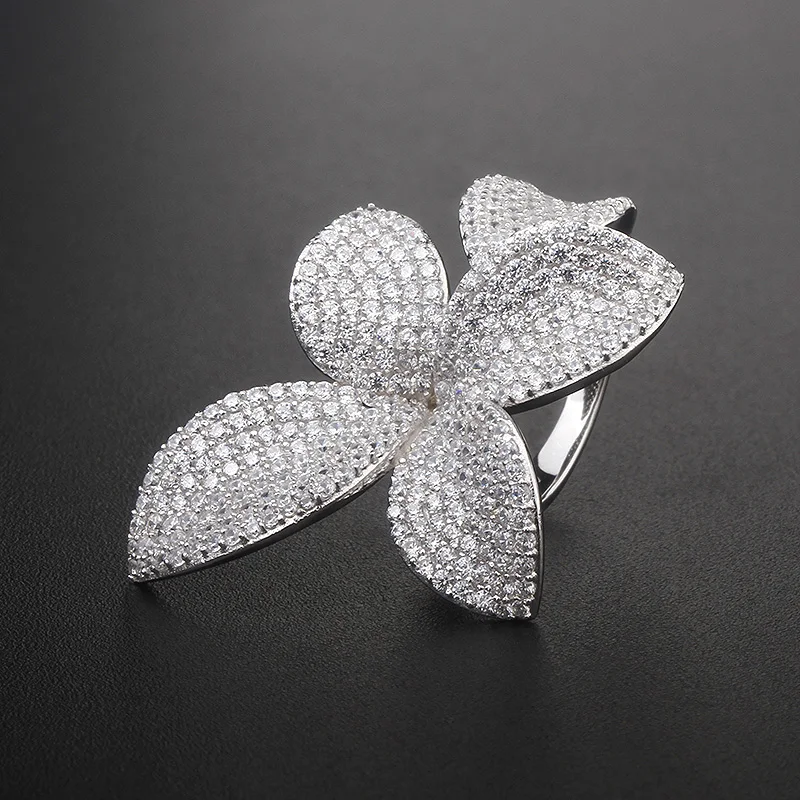 925 silver ring zircon pave diamond 18k gold plated  luxury designer leaf petal brands for women sterling rings zirconia jewelry
