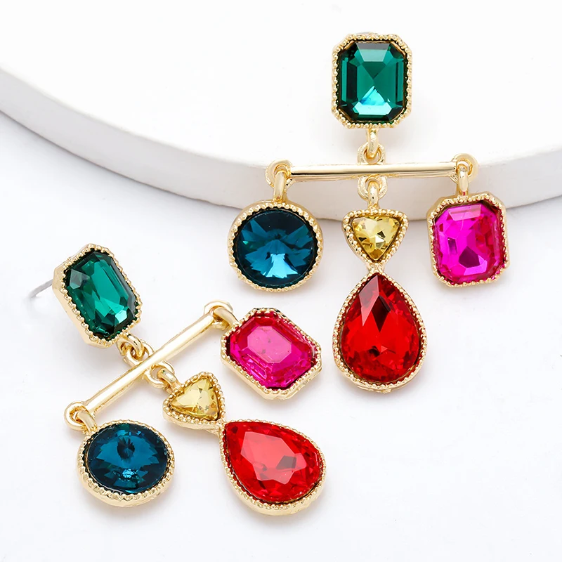 High quality gold plated statement crystal chandelier earrings jewelry exaggerated colorful crystal drop earrings for women