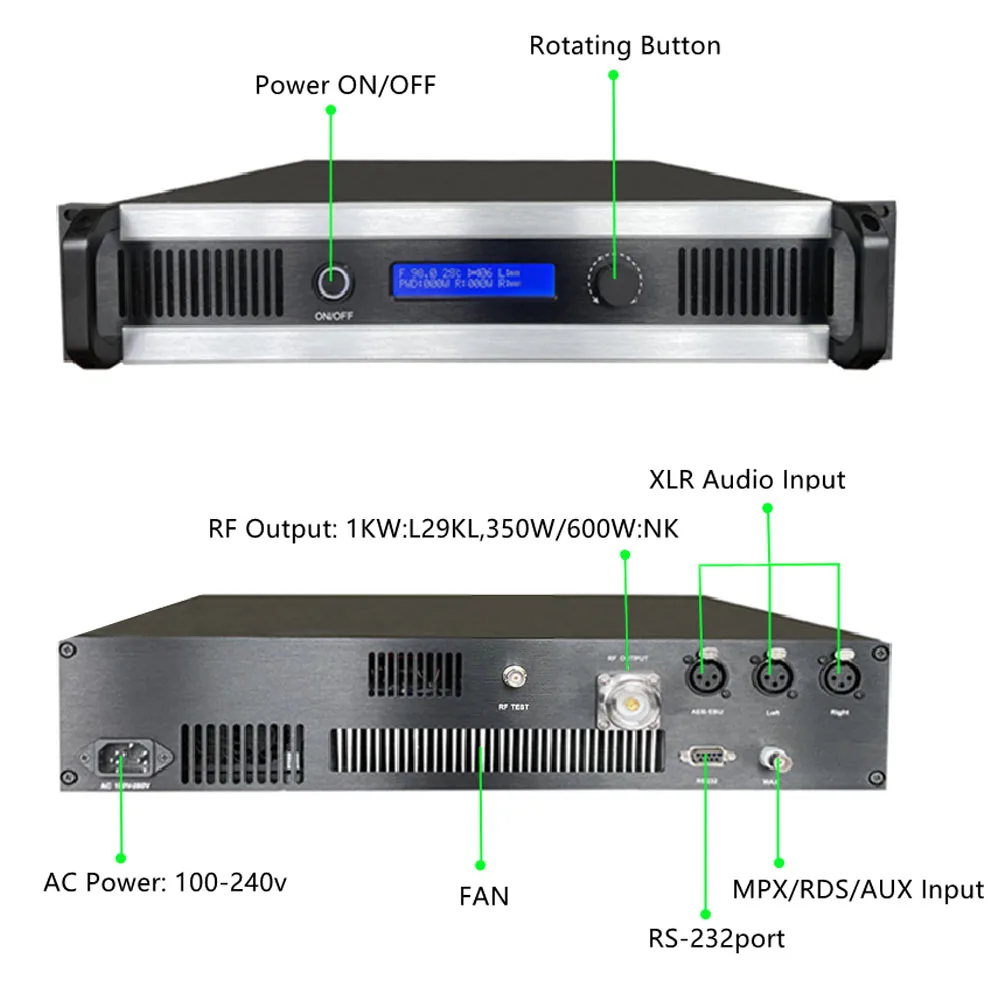 600W FM transmitter + 1-bay dipole antenna + 30 meters cable with connectors