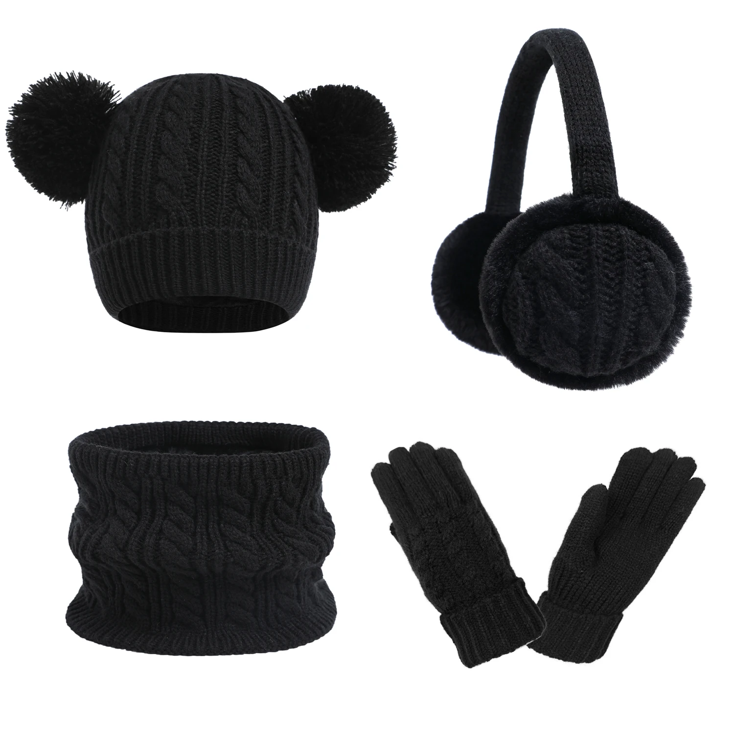 Knitted Hat Scarf Gloves Earmuffs Set Pompom Knitted Beanie Hat For Winter