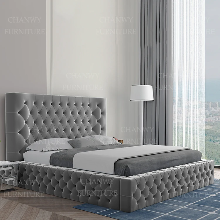 
new style design buttons fabric bed with high headboard for room furniture 