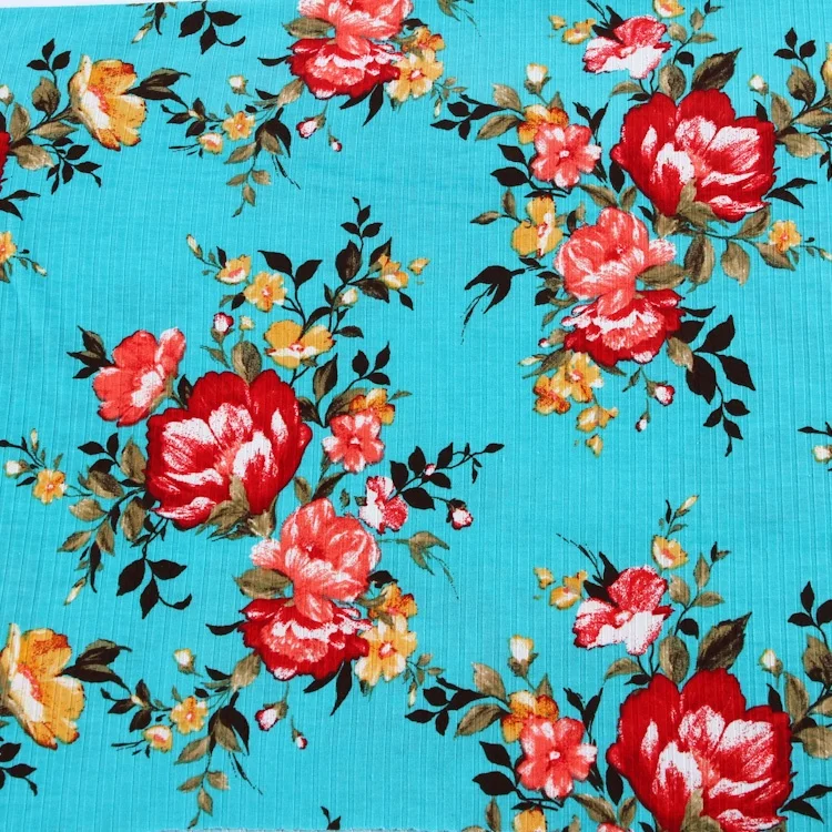 96% Polyester 4% spandex flower pattern rib knit custom printed rib stretch floral printed fabric for dress