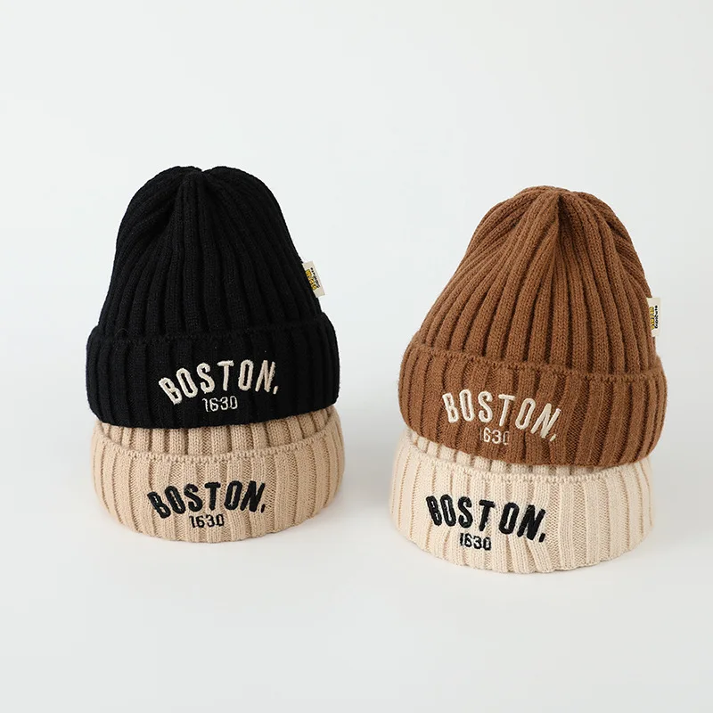 New arrival children embroidery letter cap winter warm 2-6 years kids knitted beanie hat
