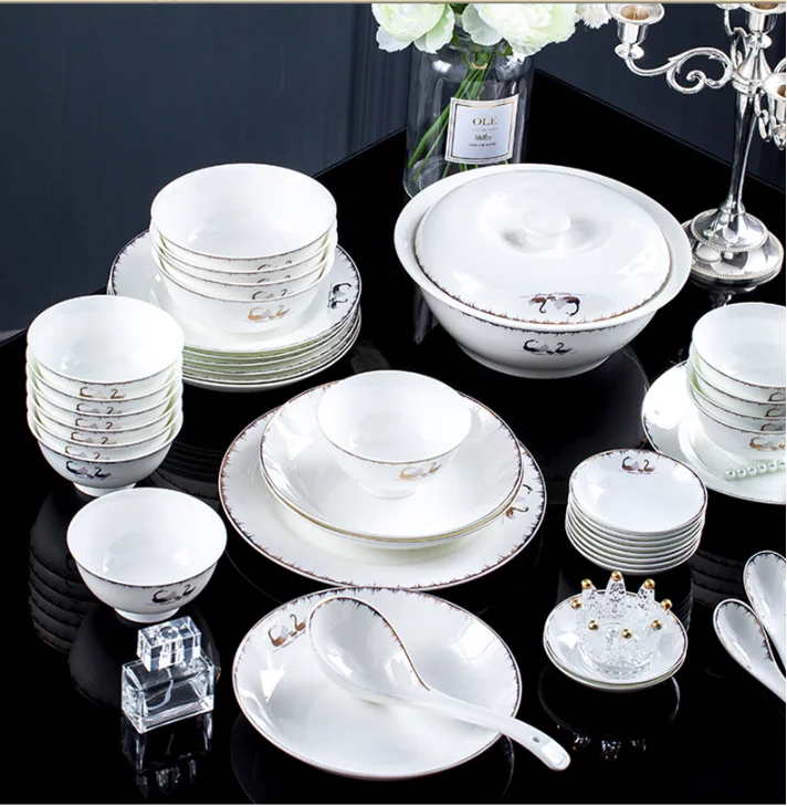 Chinese Ceramic Tableware Mandarin Duck Pattern Fifty six pieces High End Dishes Set Home Ceramic Christmas Tableware