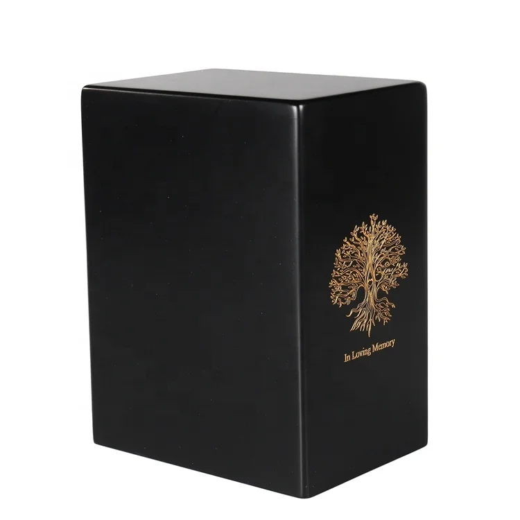 ODM/ OEM Matte Black MDF Wooden Urn Box Picture with Lid Custom Logo Wood Funeral Urns