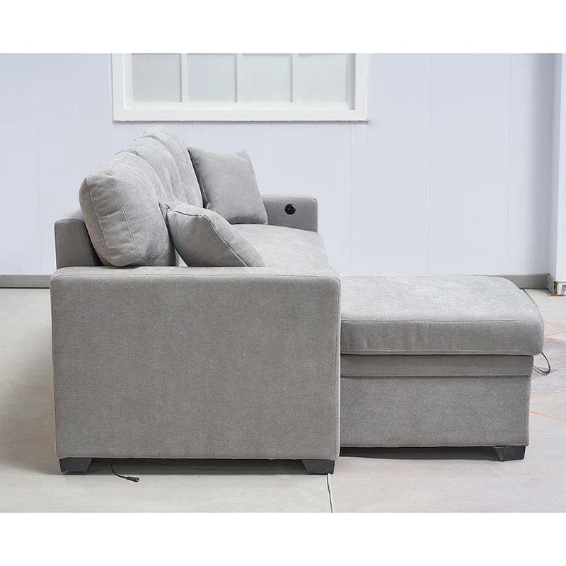 Grey Fabric Convertible Sofa Bed With Storage & USB Charging
