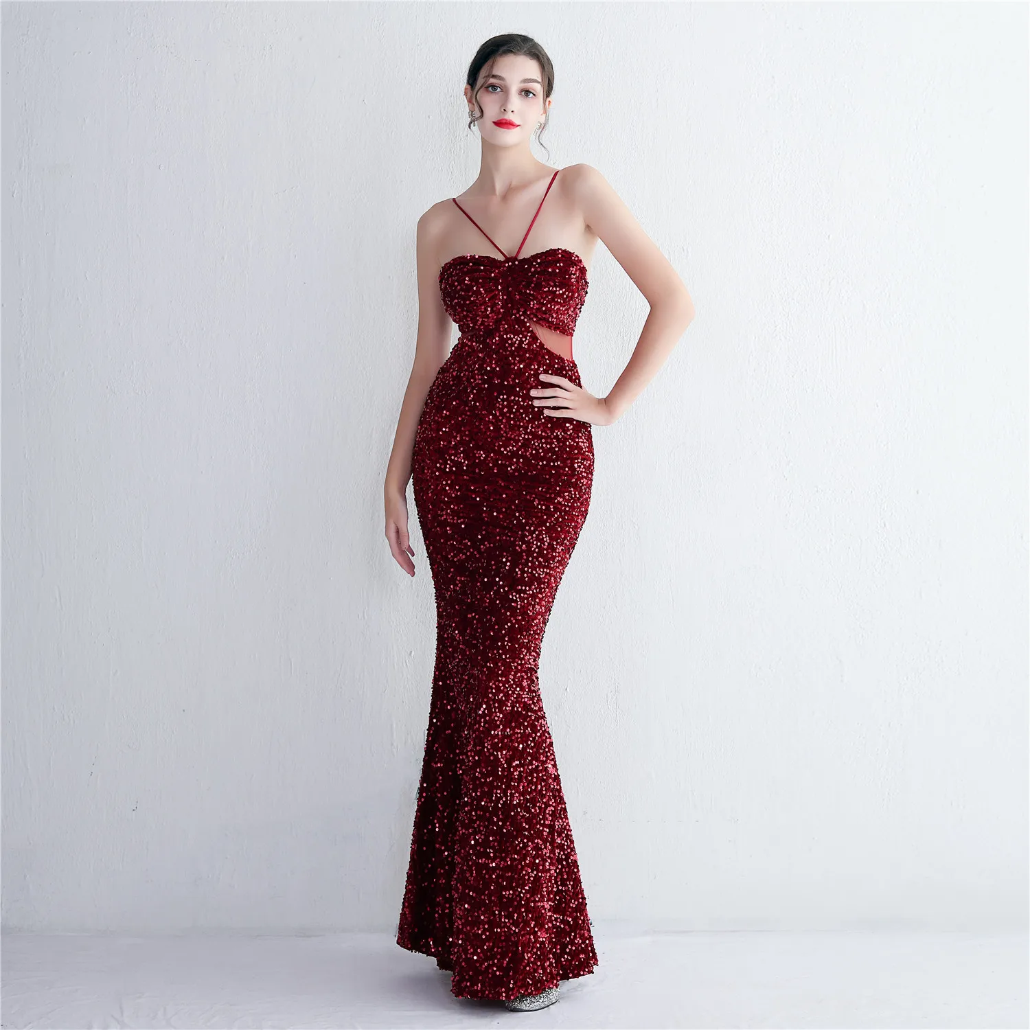 Velvet bottom bead Elegant women sequin long mermaid formaldress Evening Dress Women Party Dress Long Wear Sequin