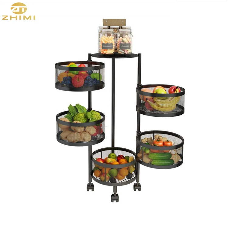 Carbon Steel 5 Tiers Kitchen Shelf  Movable Round Kitchen Trolley Cart Storage Vegetable Fruit Basket Rack