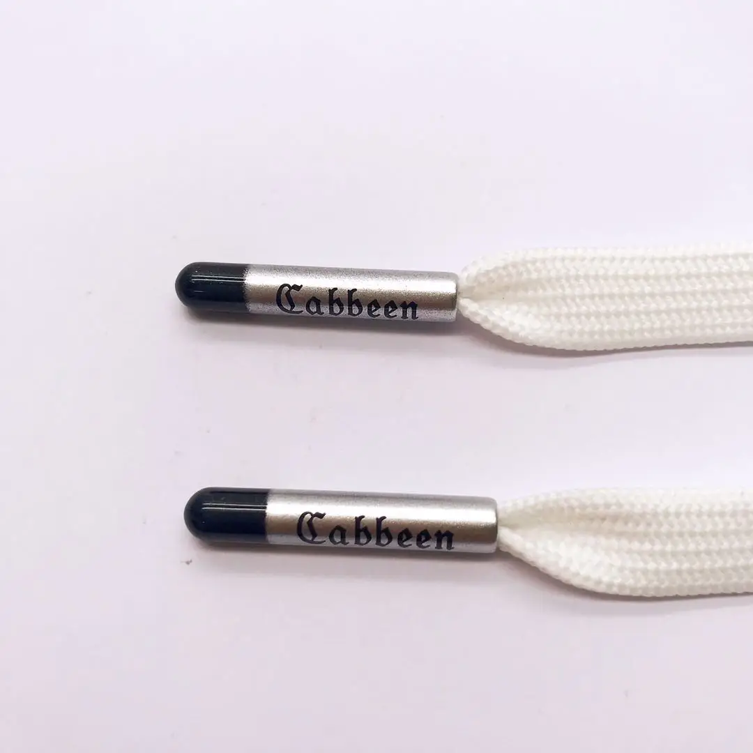 10mm flat polyester drawstring cord with ABS plastic tips in printed logo