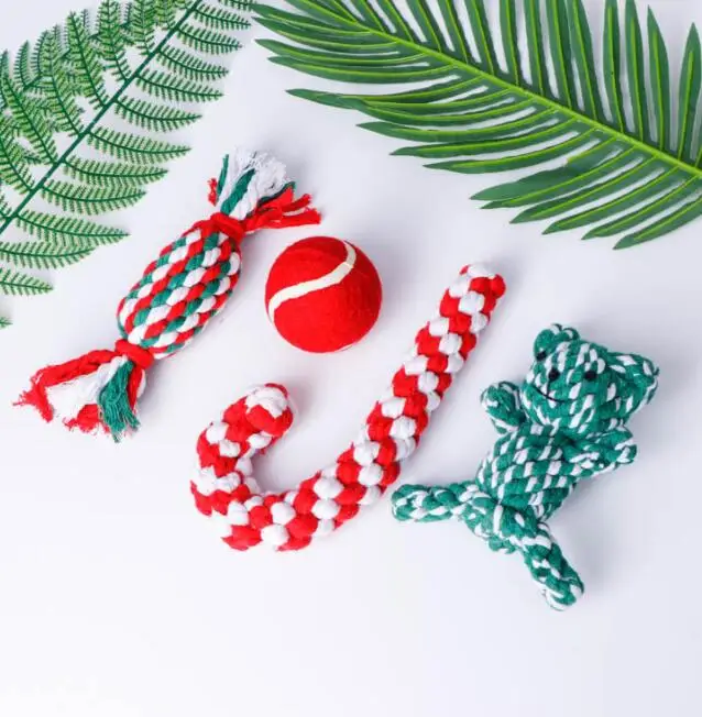 New Christmas Candy Canes Dog Cat Rope Chew Toy Set
