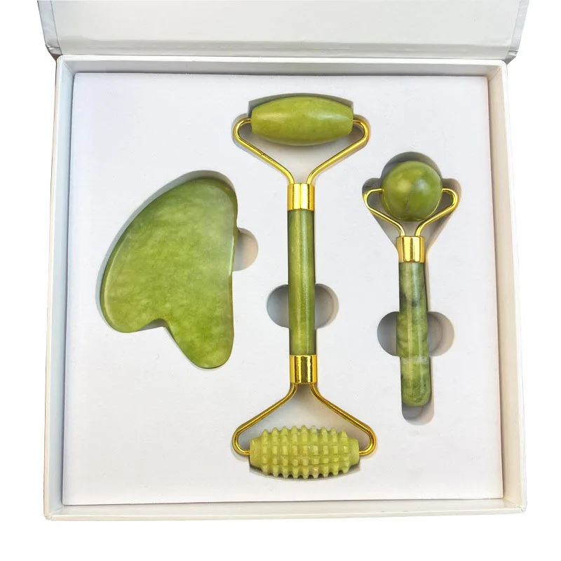 Masajeador Rodillo Jade Stone Green Xiuyan Face Jade Roller Facial 3 In 1 Roller Jade Roller Gua Sha Set
