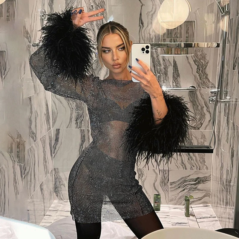 black designer rhinestone mesh party dresses women 2022 long sleeve fishnet feather trimmed mini dress