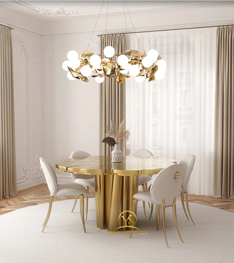 Boca do lobo design italian luxury fortuna round dining table modern golden stainless steel etched table top dining table