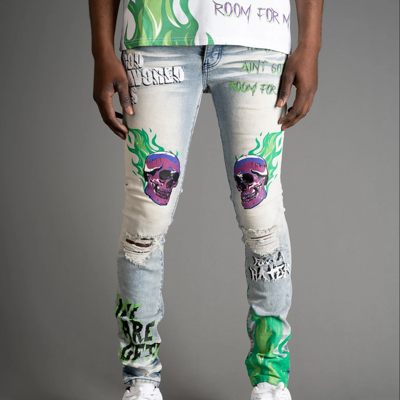 New 2021 Light Blue Trousers Paint For Screen Printing Custom Skinny Stretch Jeans Men