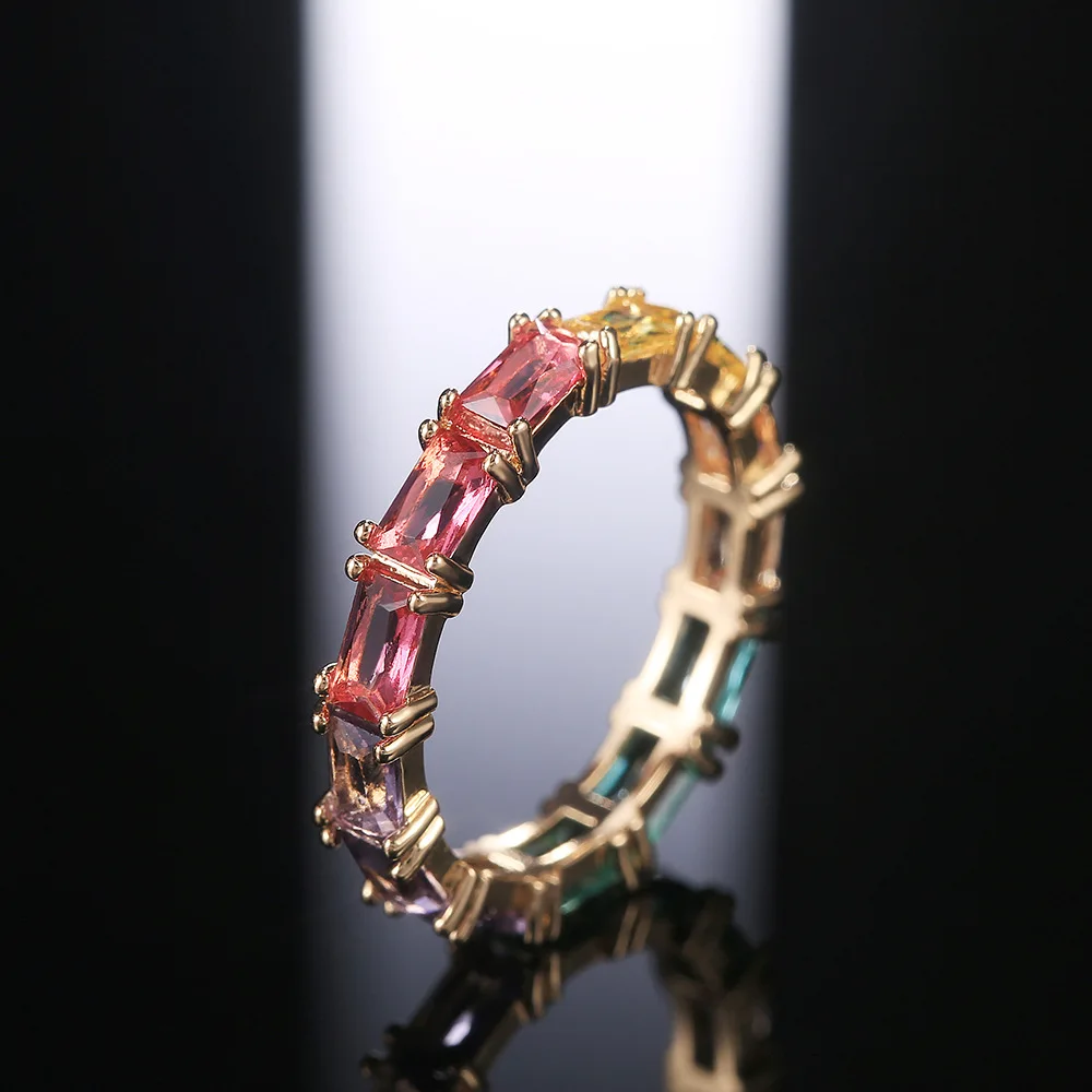 CAOSHI Trend Fashion Rainbow Color Eternity Band Lady Wholesale CZ Cubic Zirconia Baguette Stack Wedding Engagement Finger Rings