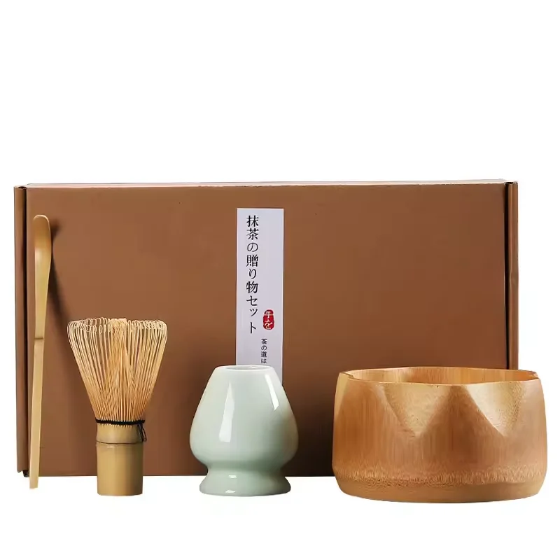 High Quality Custom Logo Wooden Box Matcha Whisk Set with Ceramic Bowl matcha green tea powder bamboo whisk