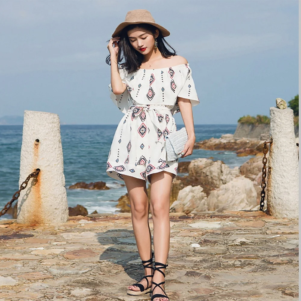 Women Dresses Sexy Summer Korean Embroidery Casual White One Shoulder Dress