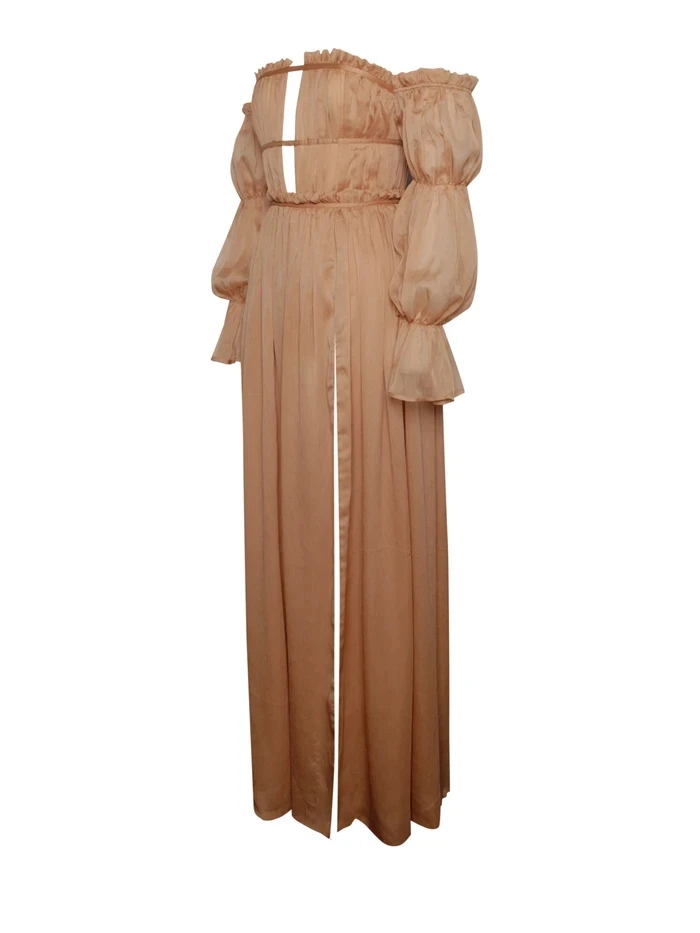 HKRED High Quality Off Shoulder Puff Sleeve Silk Pleated Maxi Lady Dress Cut-out Dress women gold evening dress