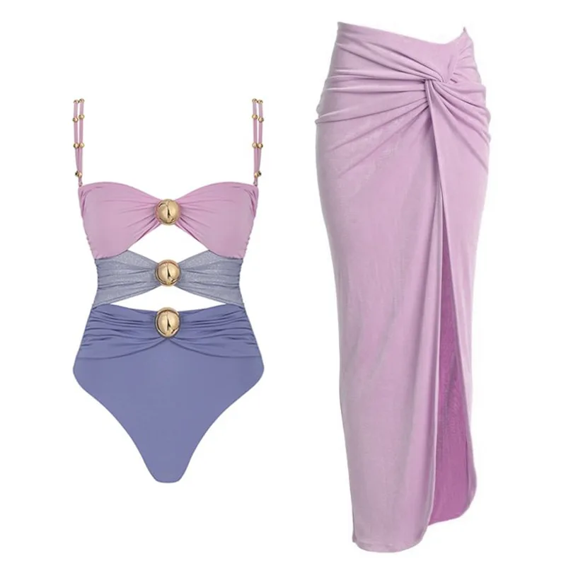 2024 New Color Block Cutout Shiny Texture One Piece Swimsuit and Sarong Vacation Swimwear Women Beachwear Bathing Suits