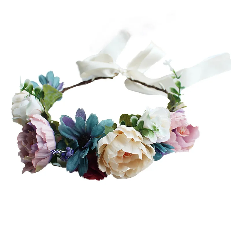 
Spring Flower Girl Hair Wreath Wedding Flower Crown, Floral Halo Bohemian Headbands Wreath Women Bridal 4500A 