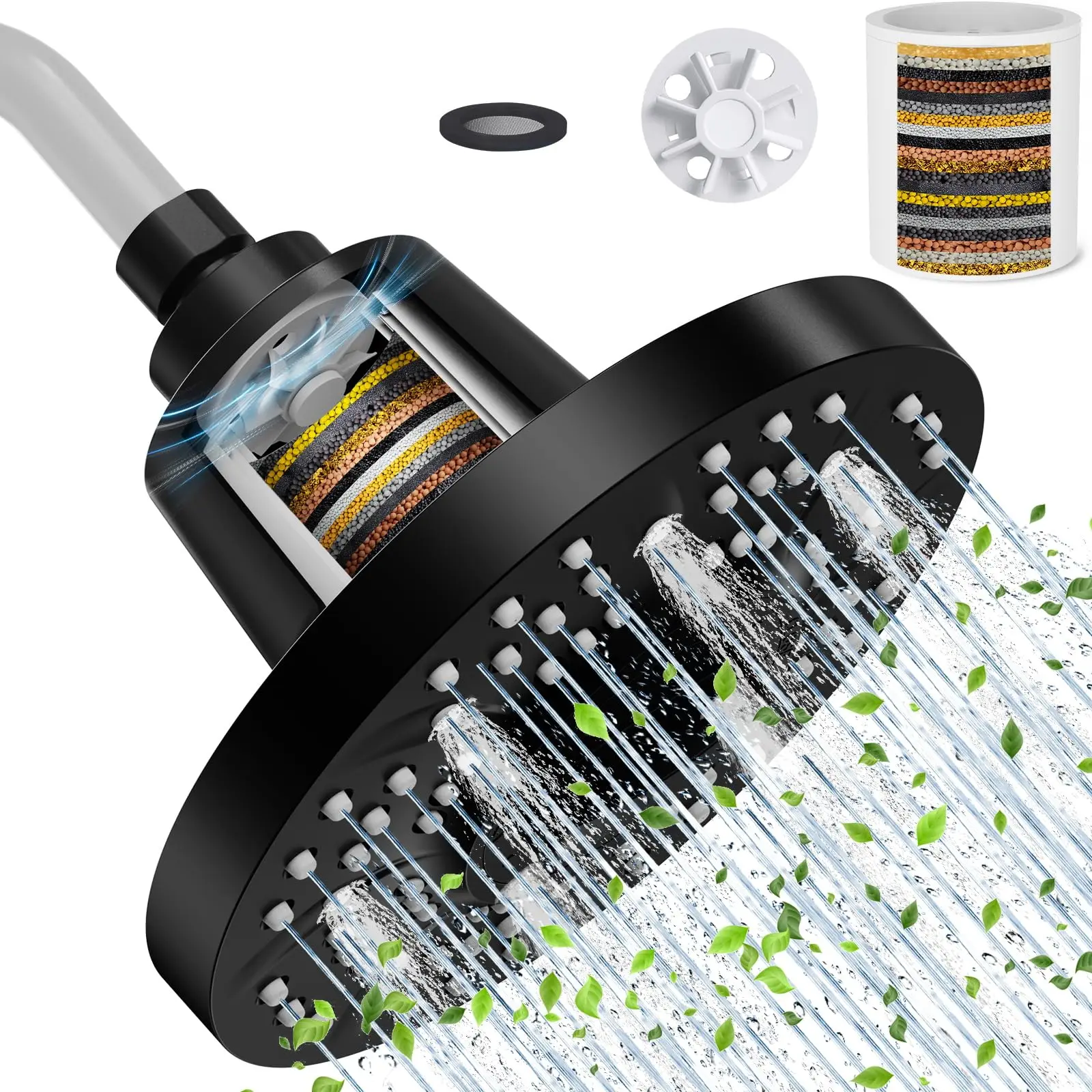 Matte Black 7 Inch Anti-Clog High-Pressure Filtered Shower Head with 20-Stage Filter Filtered Rain Shower Head
