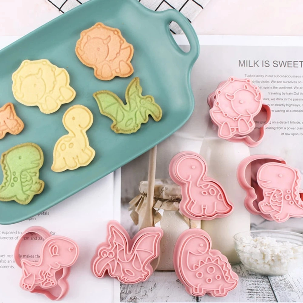  Kitchen Baking Pastry Bakeware 3D Cartoon Pressable Biscuit Mold 6Pcs/set Dinosaur Shape Plastic Cookie