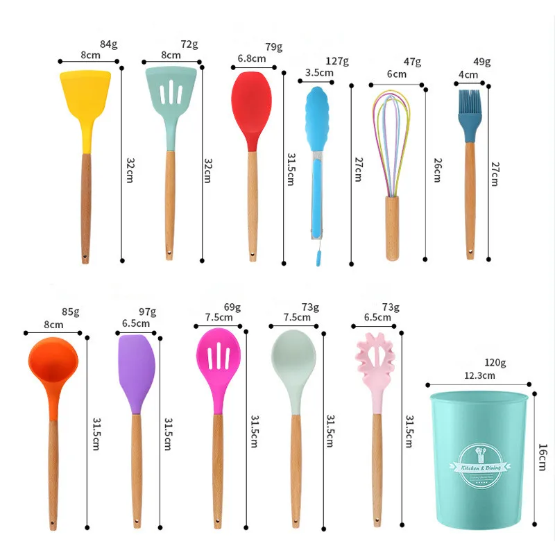 11pcs Amazon Hot Sale food safe kitchenware accessories kitchen home cooking tools silicone utensil set with wooden handle