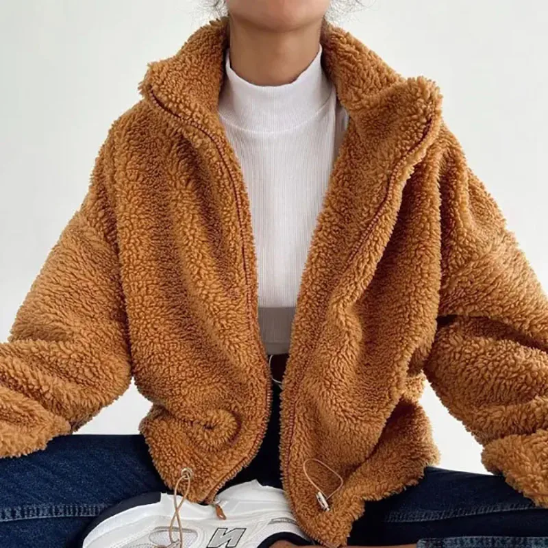 Custom Women Winter Autumn Long Sleeve Teddy Coat Drawstring Jacket Zip Up Tops Casual Sweatshirts with Lantern Sleeves