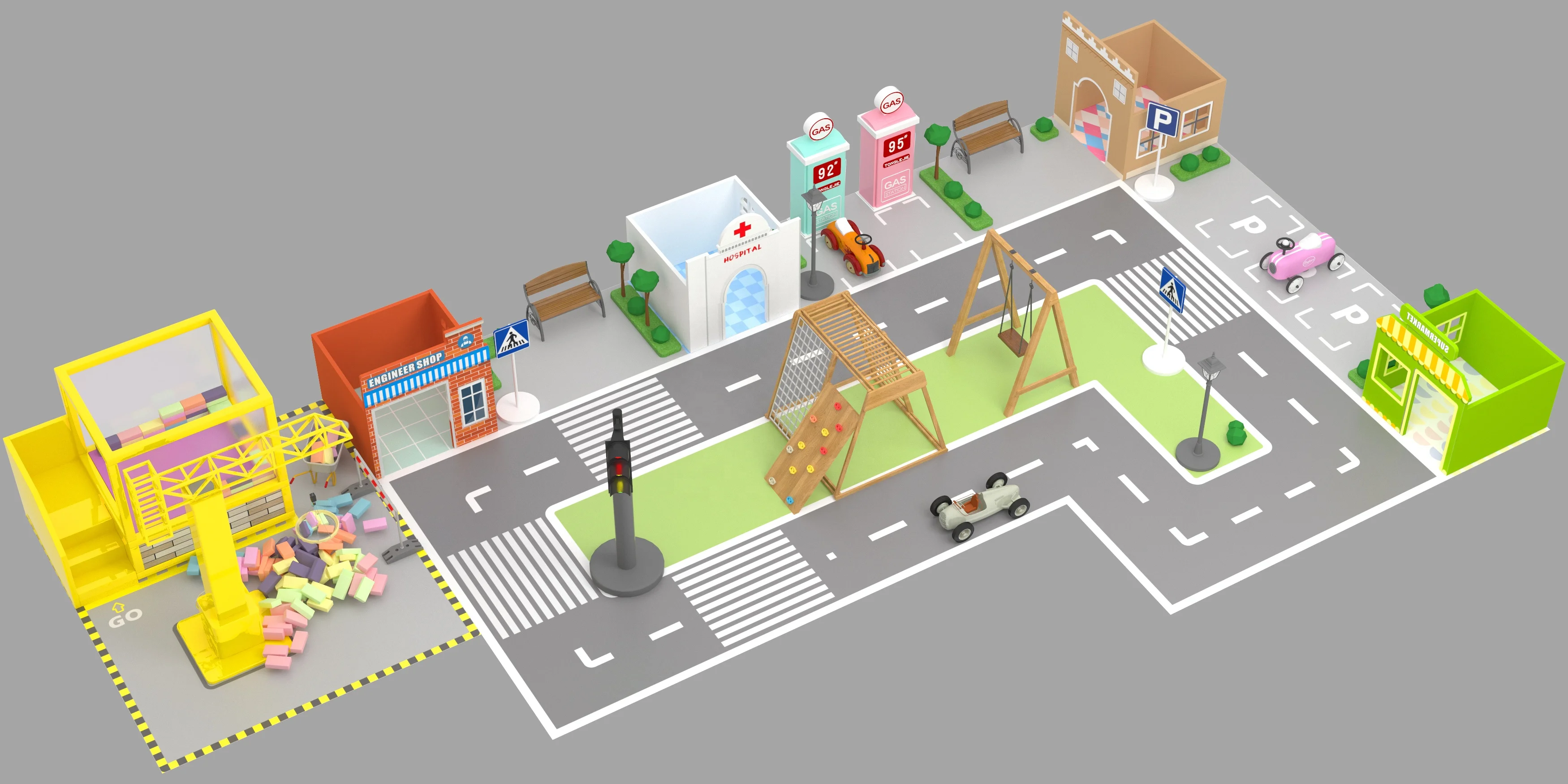 Customized Design Service Kids Indoor Street Town Playground Hospital Fire Station Role Playhouse for Kids Party