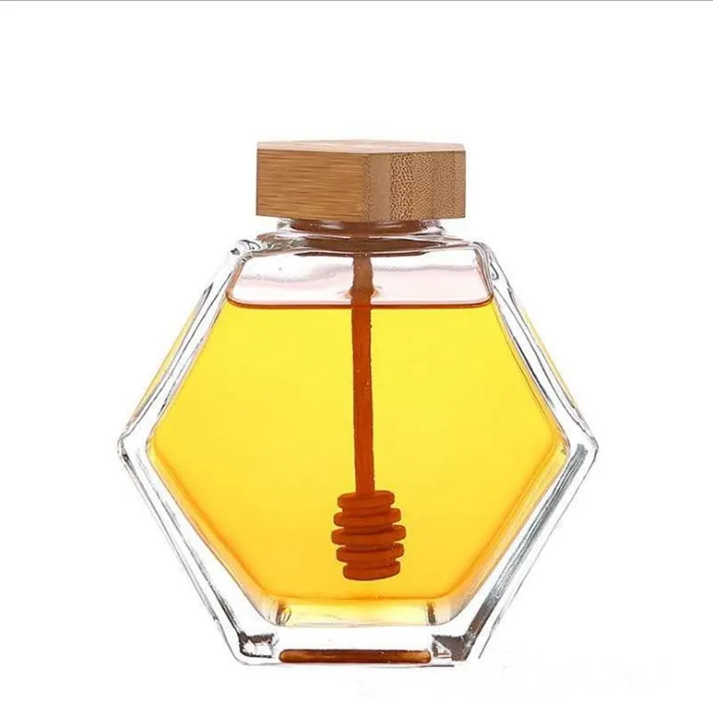 Wholesale 220ml 380ml Transparent Hexagon Glass Honey Jar Jam Bottle Hexagonal Honey Container with Bamboo Lid