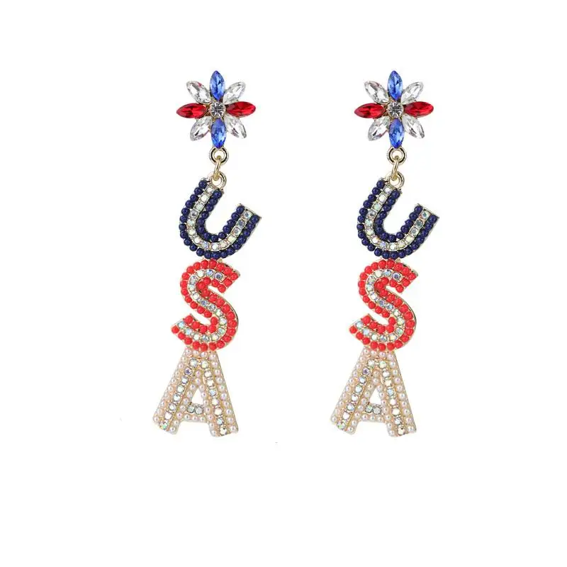 Hot Sale Personalized Beaded Tassel Earrings Independence American Flag Patriotic Pendant Earrings Letter USA Earrings Women