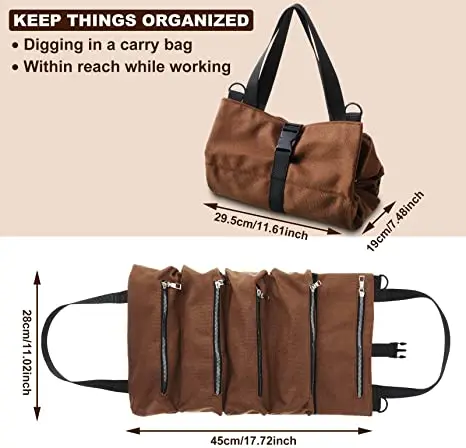 Canvas Tool Roll Pouch with 5 Zipper Pockets Tool Organizer Bag