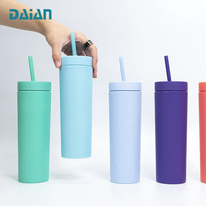 Cheap Water Double Walled Plastic Skinny Tumbler Cups with straw