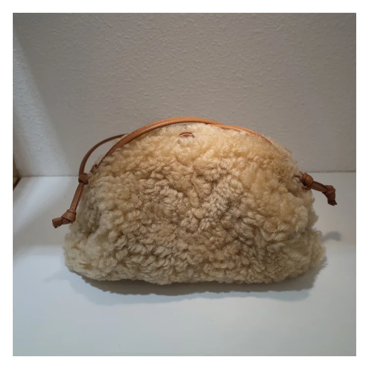Warm colors leather handbags luxury soft fur woolen purses