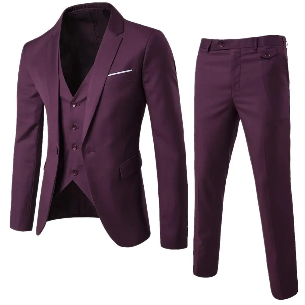 New Fashion Men Groom One Button Lapel Collar Solid Color Three-piece Casual Bridegroom Groomsman Tops+Vest+Pants Suit