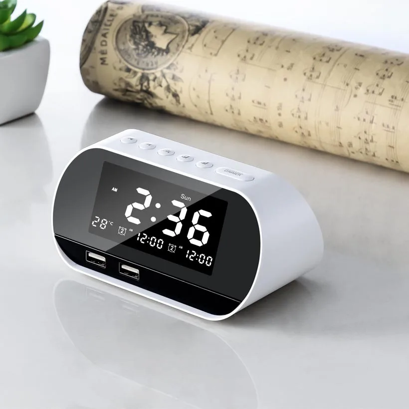 Роскошный электронный будильник беспроводной цифровой ЖК-дисплей 2 USB-порта функция повтора температуры с вечным календарем будильником FM-радио