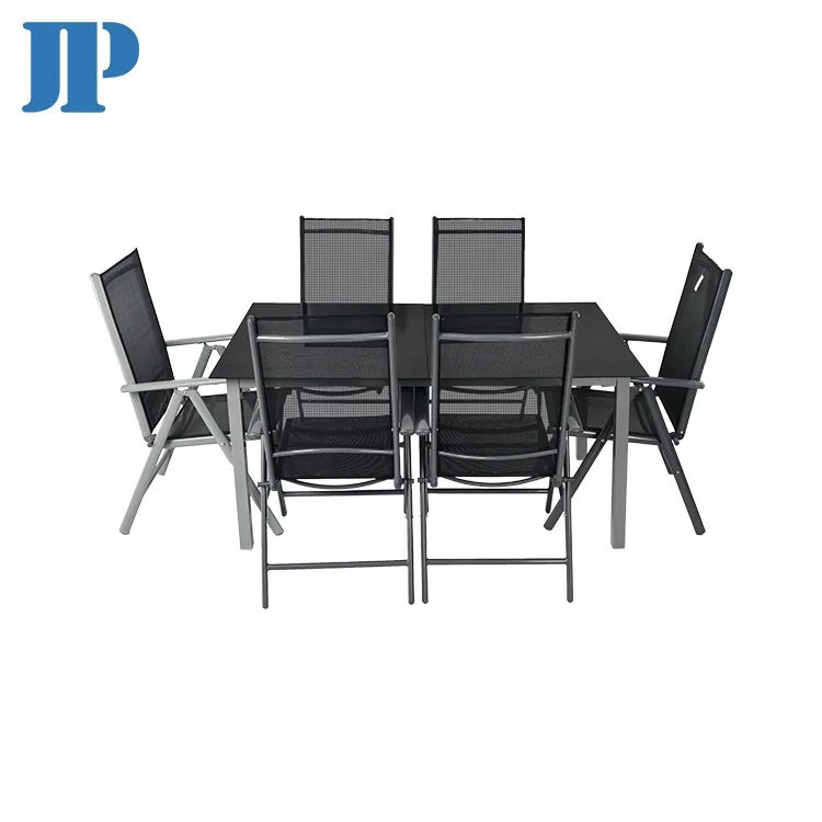 Modern Outdoor Aluminium Furniture Set Promotional Tempered Glass Dining Table Patio Chair Hotels Durable Fabric Conveniences