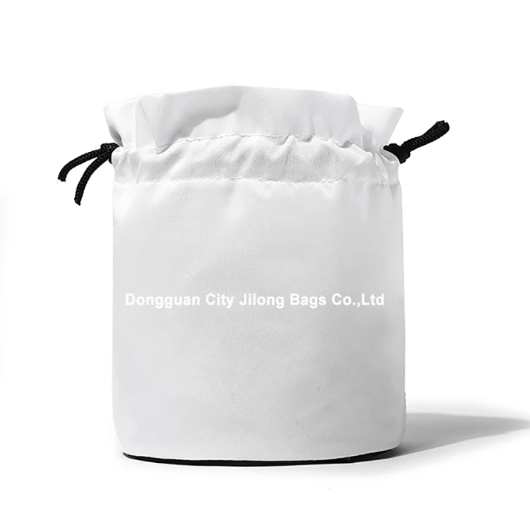 Fashion White Silk Satin Custom Logo Drawstring Bag Makeup Bag Reusable Round Bottom Brand Gift Bag