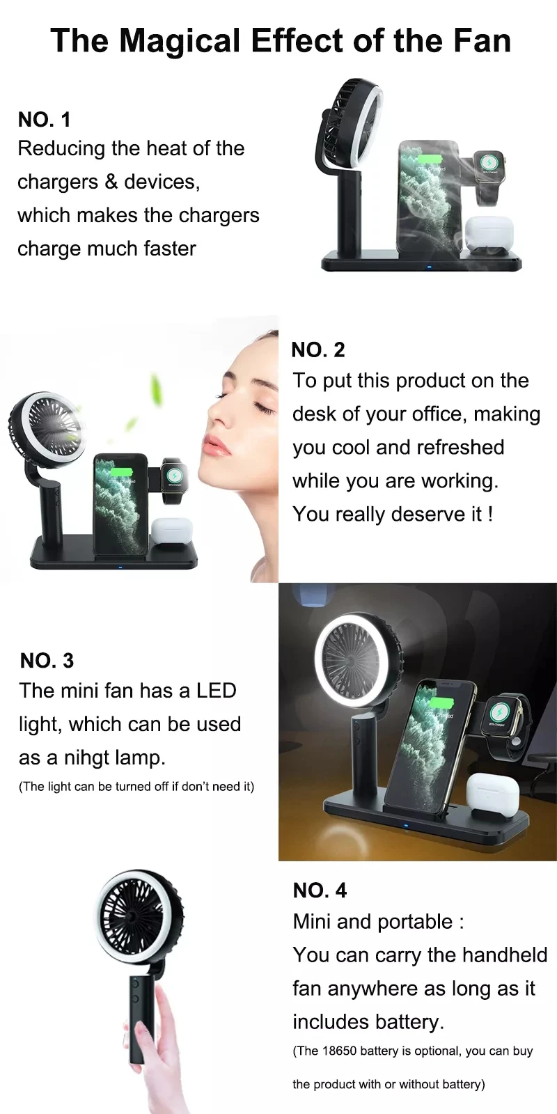 wholesales china alibaba universal qi 5 in 1 wireless watch phone charger with Cool Fan and night light