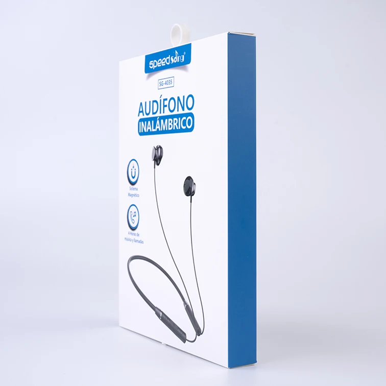 Custom logo white paper boxes with plastic hanger for earphone paperboard box wholesale bluetooth earphone packaging box
