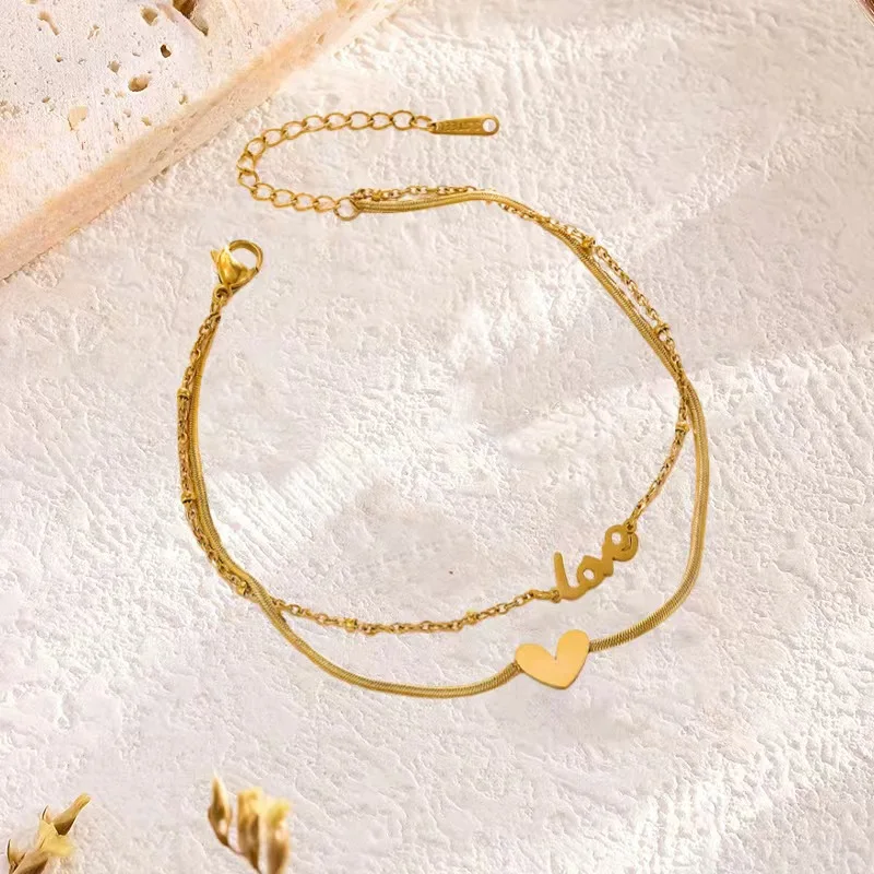 Luxury Double Layer Heart Beach Anklet for Girls Stainless Steel with Waterproof Gold Plating Fine Jewelry