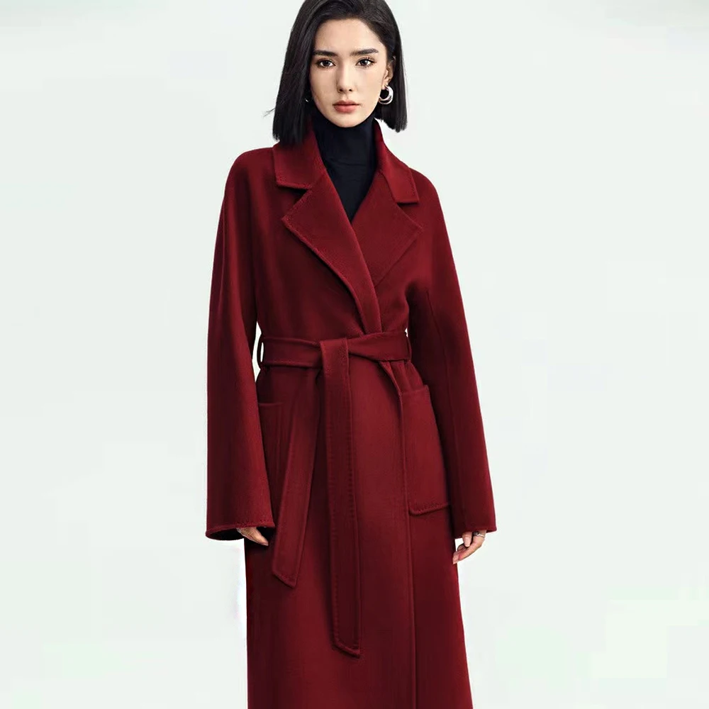 Hot Sale High End Classic Cashmere Blended Winter Women Long Belted Handmade Coat